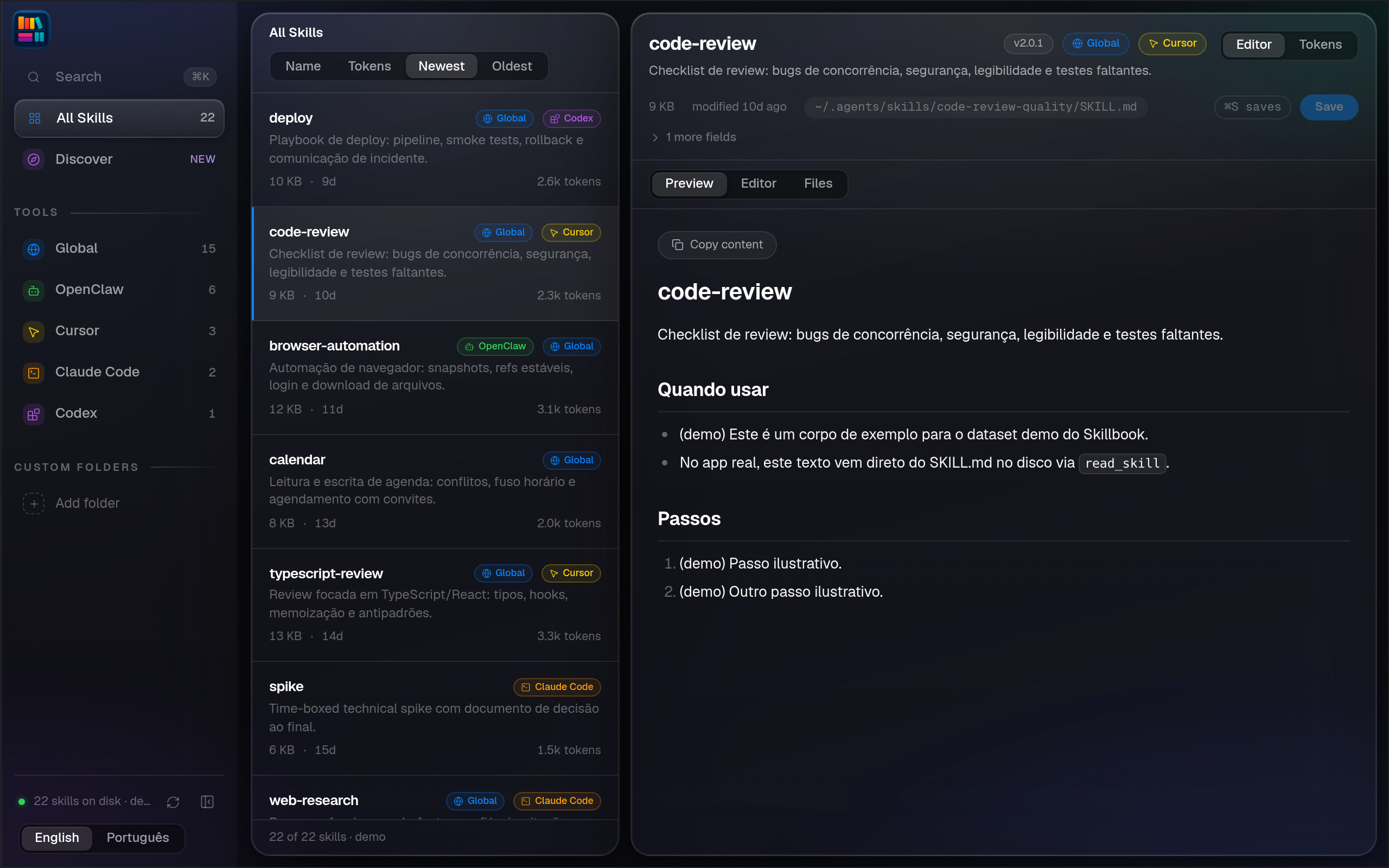 Skillbook editor: code-review selected in the skill inventory, with its Markdown content and live preview open beside it